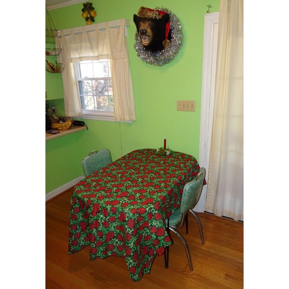 Vintage Red & Green Christmas Poinsettia Tablecloth mcm retro kitsch holiday - Picture 3 of 10